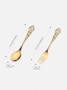 2pcs/set Stainless Steel Spoon & Fork, Vintage Dining Set For Kitchen, Dining Table - Gold - View 2