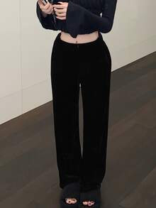 Pantalones deportivos de terciopelo de pierna ancha - Negro - Ver 5