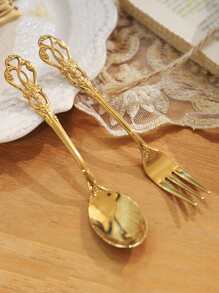 2pcs/set Stainless Steel Spoon & Fork, Vintage Dining Set For Kitchen, Dining Table - Gold - View 4
