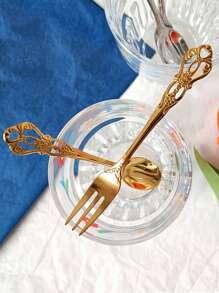 2pcs/set Stainless Steel Spoon & Fork, Vintage Dining Set For Kitchen, Dining Table - Gold - View 5