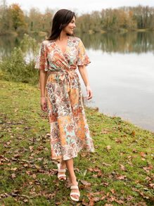 SHEIN VCAY Vestido con cinturón con estampado floral de cuello cruzado - Multicolor - Ver 10