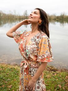 SHEIN VCAY Vestido con cinturón con estampado floral de cuello cruzado - Multicolor - Ver 11