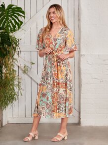 SHEIN VCAY Vestido con cinturón con estampado floral de cuello cruzado - Multicolor - Ver 5