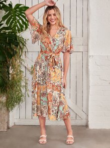 SHEIN VCAY Vestido con cinturón con estampado floral de cuello cruzado - Multicolor - Ver 2