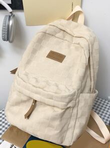 格紋壓花字母拼貼裝飾經典背包書包適合畢業生、青少年女孩、新生、大二、初中和高中學生、大學和高中，非常適合戶外、旅行和返校便攜式、輕便 - 米色 - 查看 2