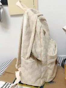 格紋壓花字母拼貼裝飾經典背包書包適合畢業生、青少年女孩、新生、大二、初中和高中學生、大學和高中，非常適合戶外、旅行和返校便攜式、輕便 - 米色 - 查看 4