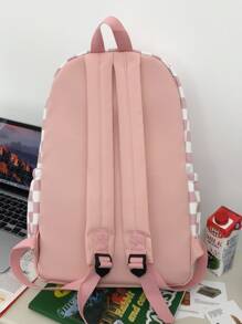 Checkered Print Letter Patch & Cartoon Bear Decor Classic Backpack School Bag Bookbag For School Outdoors Portable,Lightweight - Pink - View 5