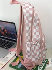 Checkered Print Letter Patch & Cartoon Bear Decor Classic Backpack School Bag Bookbag For School Outdoors Portable,Lightweight - Pink - View 4