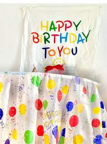 1pc PEVA Disposable Table Cover, Balloon & Letter Graphic Disposable Tablecloth For Birthday Party - Multicolor - View 1