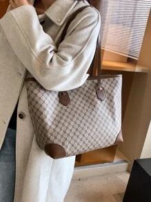 Geometric Pattern Shoulder Tote Bag - Khaki - View 1