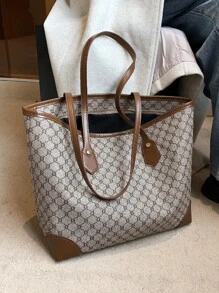 Geometric Pattern Shoulder Tote Bag - Khaki - View 2