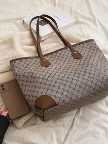 Geometric Pattern Shoulder Tote Bag - Khaki - View 5