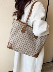 Geometric Pattern Shoulder Tote Bag - Khaki - View 6