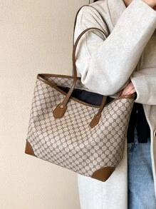 Geometric Pattern Shoulder Tote Bag - Khaki - View 7