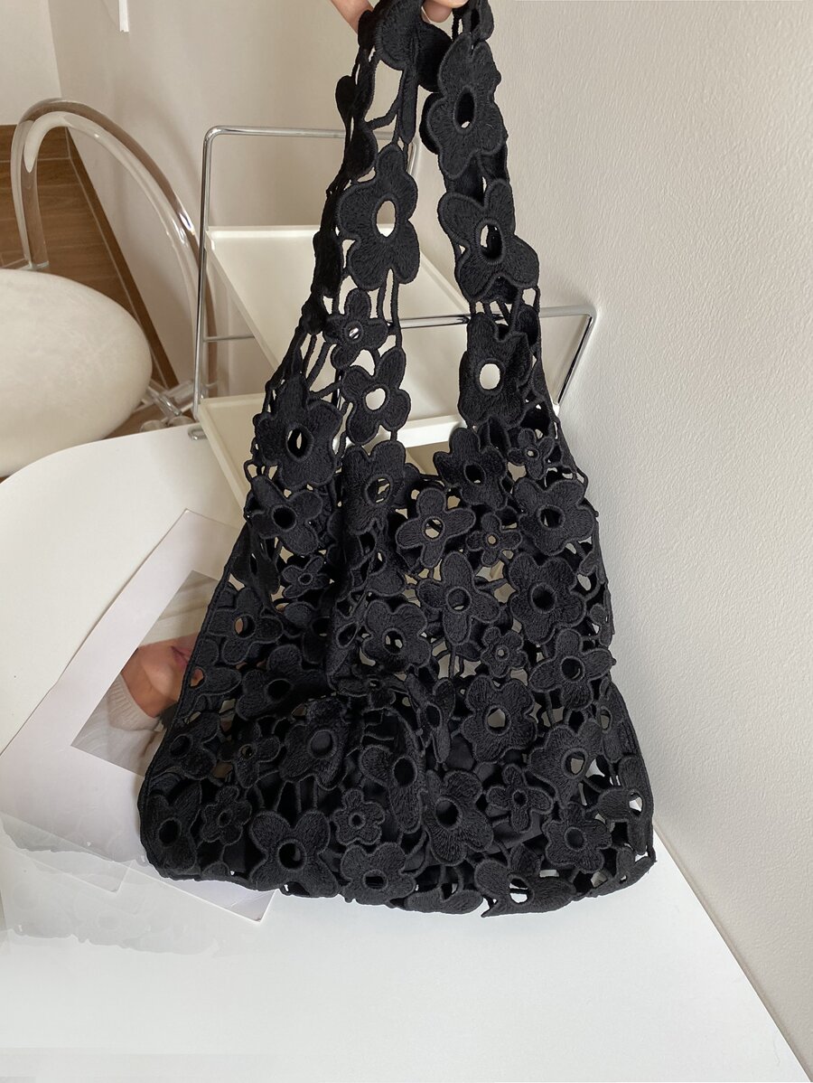 1pc Hollow Out Knitted Floral Tote Bag With Vacation Style - Black - View 1