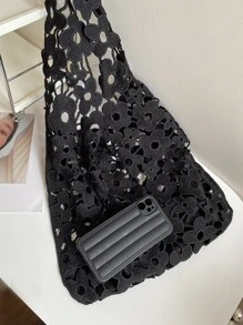 1pc Hollow Out Knitted Floral Tote Bag With Vacation Style - Black - View 3