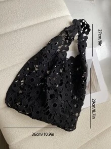 1pc Hollow Out Knitted Floral Tote Bag With Vacation Style - Black - View 4