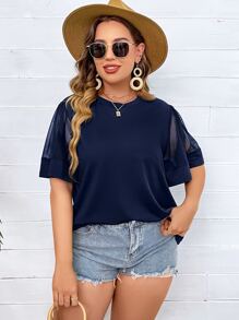 SHEIN Clasi Plus Contrast Mesh Butterfly Sleeve Tee - Navy Blue - View 3