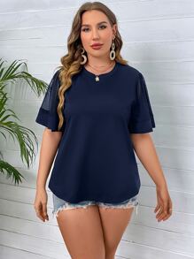 SHEIN Clasi Plus Contrast Mesh Butterfly Sleeve Tee - Navy Blue - View 5
