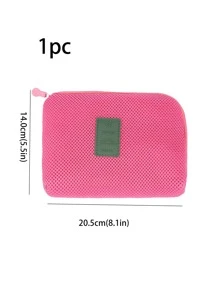 1pc Pink Patch Decor Mesh Storage Bag, Simple Polyamide Portable Waterproof Storage Bag For Travel - Pink - View 3