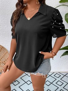 SHEIN Clasi Plus Pearls Beaded Contrast Mesh Embroidery Puff Sleeve Blouse - Black - View 3