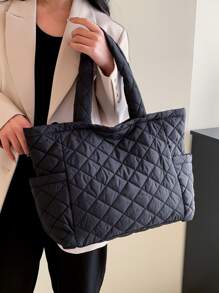 Quilted Detail Shoulder Tote Bag - Black - View 3