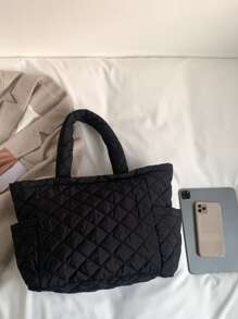 Quilted Detail Shoulder Tote Bag - Black - View 1