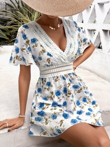 SHEIN VCAY 印花水溶蕾絲拼接連衣裙 - 白色 - 查看 3