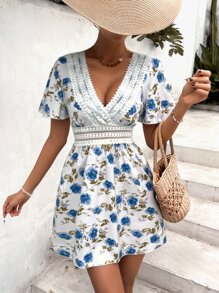 SHEIN VCAY 印花水溶蕾絲拼接連衣裙 - 白色 - 查看 5