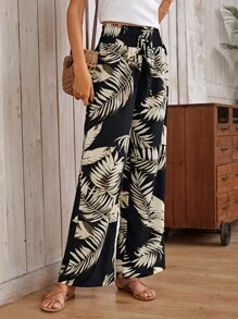 SHEIN VCAY Pantalones de pierna ancha con estampado tropical con cordón delantero - Negro - Ver 5