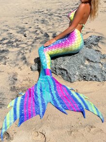 Swim Vcay Summer Beach Fish Scales Print Bikini Set Triangle Bra & Bikini Bottom & Mermaid Tail Cover Up Skirt 3 Piece Bathing Suit - Multicolor - View 4