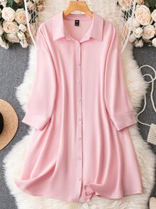 SHEIN LUNE 大碼素色前紐扣襯衫連衣裙 - 粉色 - 查看 1