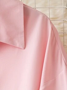 SHEIN LUNE 大碼素色前紐扣襯衫連衣裙 - 粉色 - 查看 4