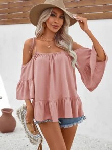 SHEIN VCAY Lạnh Vai Ruffle Hem Rắn Áo - Bụi hồng - Xem 3