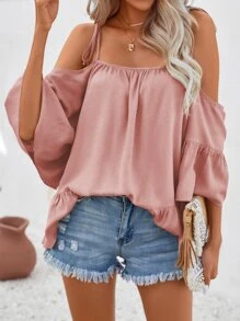 SHEIN VCAY Lạnh Vai Ruffle Hem Rắn Áo - Bụi hồng - Xem 4