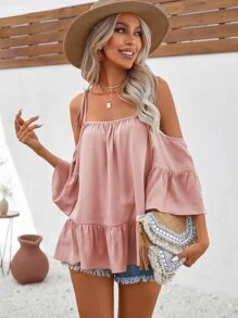SHEIN VCAY Lạnh Vai Ruffle Hem Rắn Áo - Bụi hồng - Xem 1