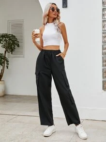 SHEIN Unity Flap Pocket Side Cargo Trousers - Black - View 5