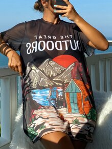 Landscape & Letter Graphic Cover Up Dress - Black - View 1