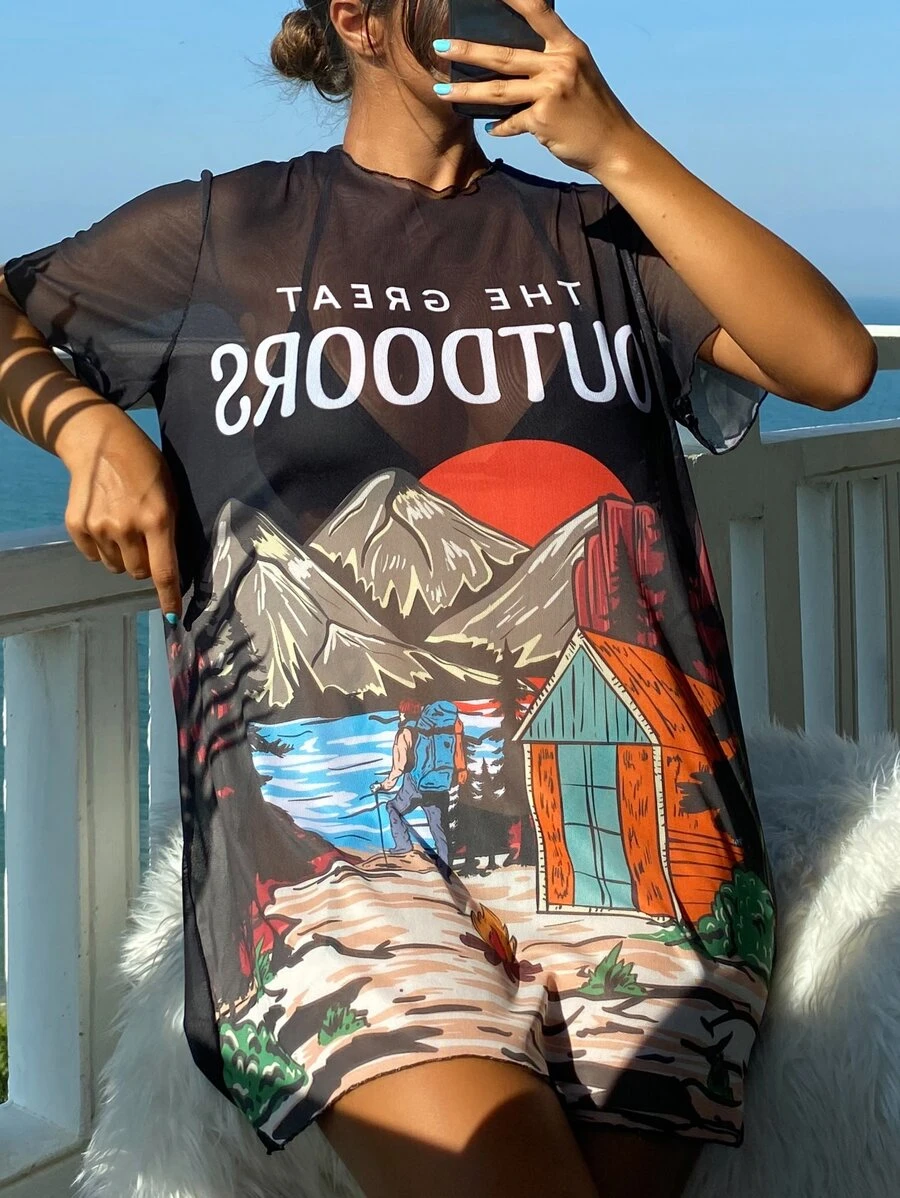 Landscape & Letter Graphic Cover Up Dress - Black - View 1