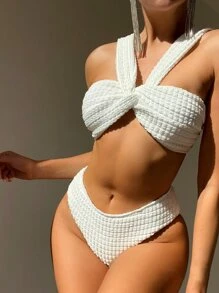 SHEIN Swim Textured Bộ Bikini Dây đeo rộng Mặt trước xoắn Áo & Hipster Đáy 2 mảnh Bộ đồ tắm - trắng - Xem 1