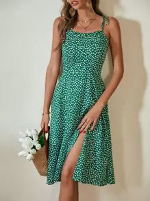 SHEIN Privé Đầm Thắt nút Tách cao Họa tiết hoa Boho - màu xanh lá - Xem 4