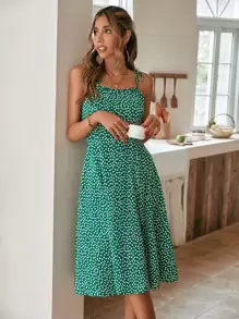 SHEIN Privé Đầm Thắt nút Tách cao Họa tiết hoa Boho - màu xanh lá - Xem 5