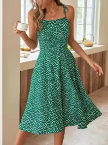 SHEIN Privé Đầm Thắt nút Tách cao Họa tiết hoa Boho - màu xanh lá - Xem 6