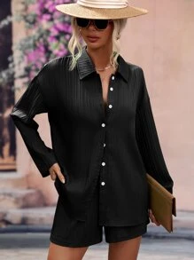 SHEIN LUNE 落肩袖襯衫和繞頸短上衣和短褲 - 黑色 - 查看 6
