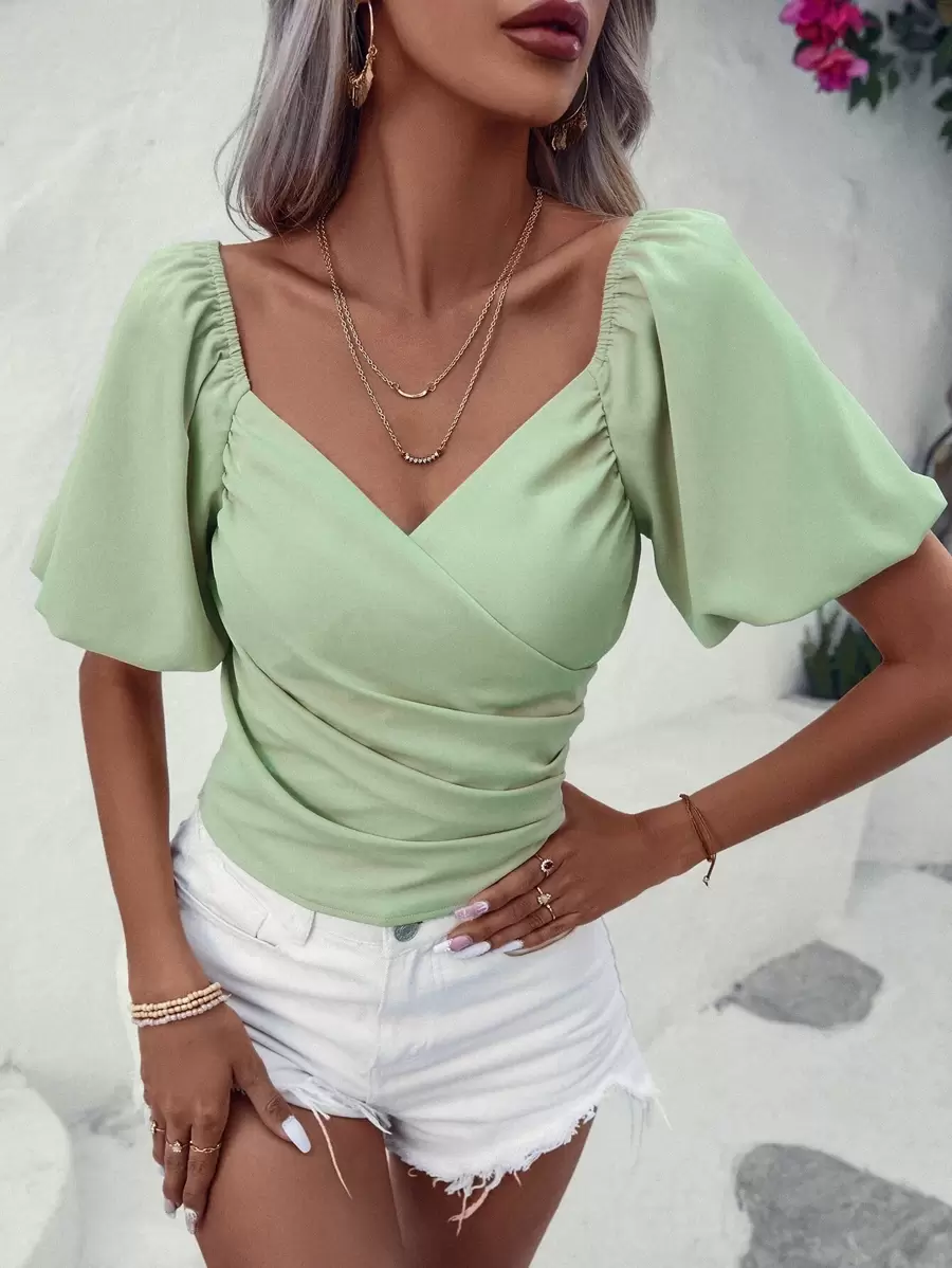 Chiquease Blusa escote corazón de manga farol fruncido lateral - verde menta - Ver 1