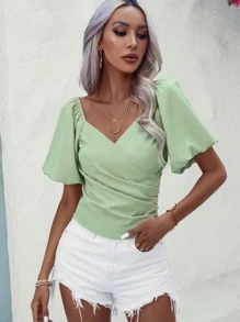 Chiquease Blusa escote corazón de manga farol fruncido lateral - verde menta - Ver 5