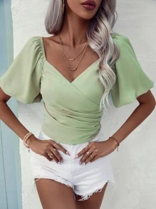 Chiquease Blusa escote corazón de manga farol fruncido lateral - verde menta - Ver 6