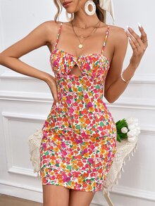 SHEIN VCAY Allover Floral Print Cut Out Front Cami Dress - Multicolor - View 4