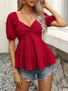 SHEIN VCAY Twist Front Puff Sleeve Peplum Blouse - Red - View 1