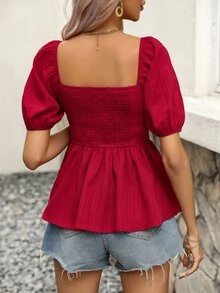SHEIN VCAY Twist Front Puff Sleeve Peplum Blouse - Red - View 2